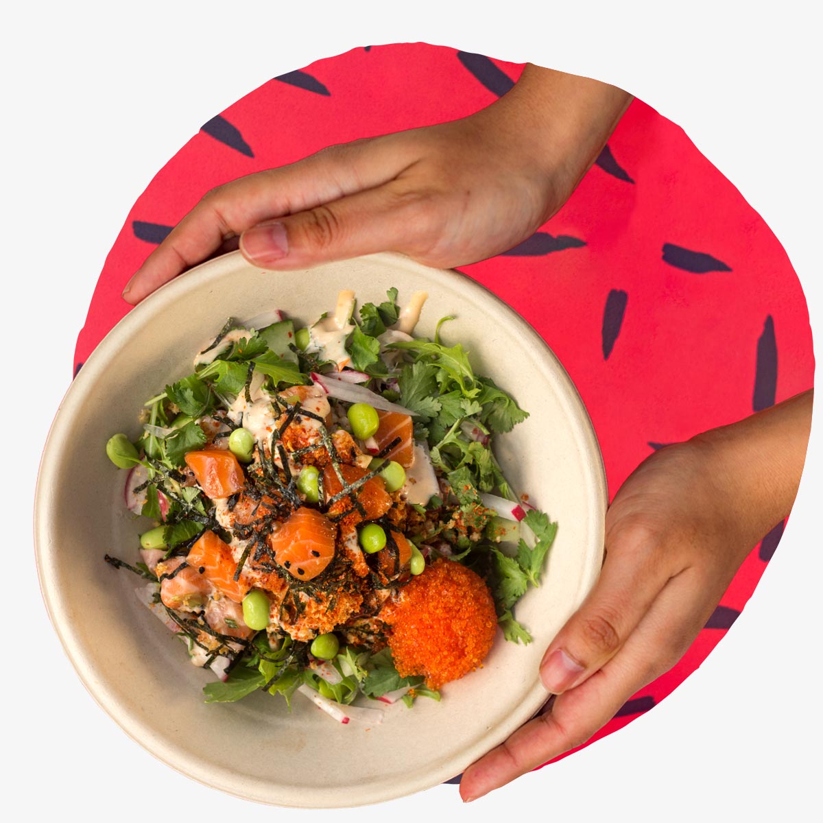 Ha! Poke - hands holding a savoury bowl